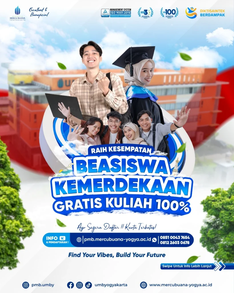 Raih Beasiswa Kuliah Gratis 100% di UMBY! Penuhi syarat akademik dan administratif, daftar 4-25 Agustus 2025. Kuliah berkualitas tanpa biaya!
