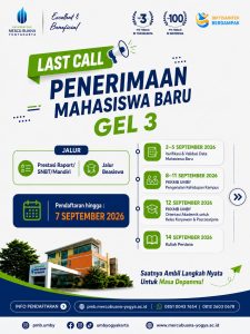 Poster Penerimaan Mahasiswa Baru Gelombang 3 Universitas Mercu Buana Yogyakarta Tahun Akademik 2026/2027 dengan batas pendaftaran 7 September 2026.