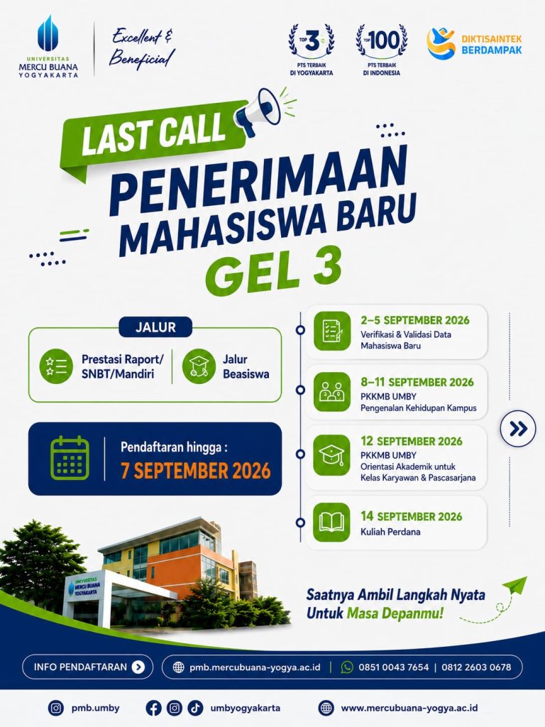 Poster Penerimaan Mahasiswa Baru Gelombang 3 Universitas Mercu Buana Yogyakarta Tahun Akademik 2026/2027 dengan batas pendaftaran 7 September 2026.