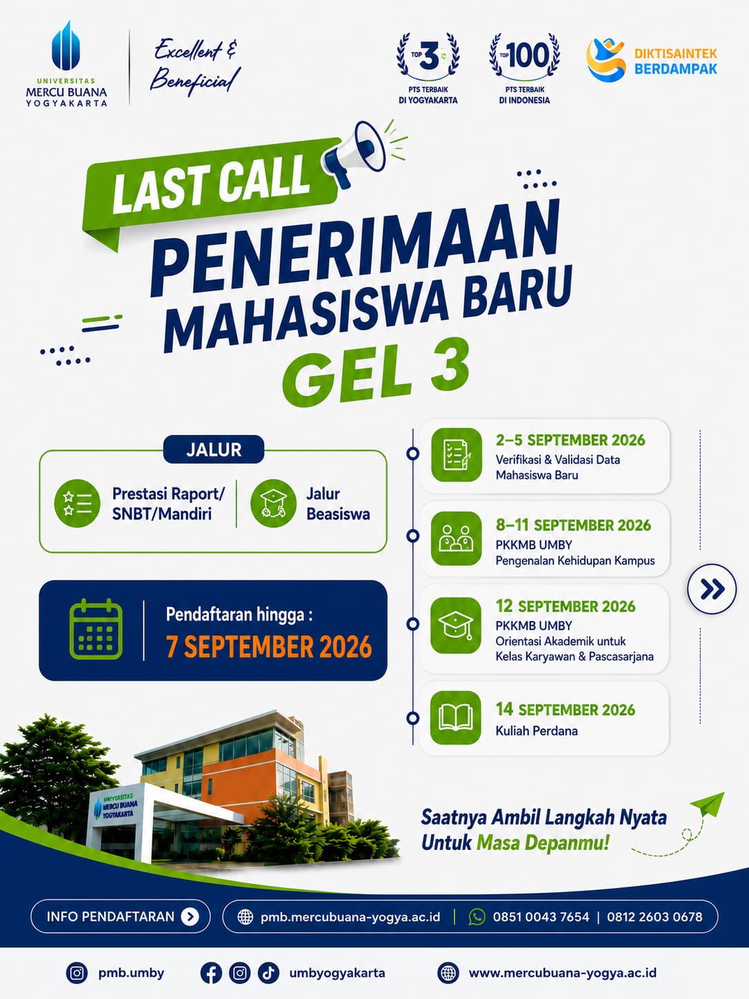 Poster Penerimaan Mahasiswa Baru Gelombang 3 Universitas Mercu Buana Yogyakarta Tahun Akademik 2026/2027 dengan batas pendaftaran 7 September 2026.